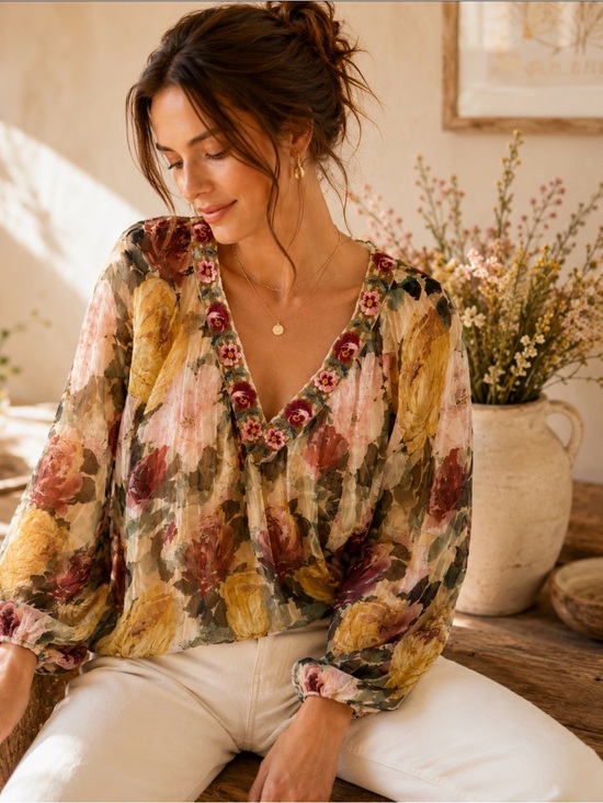 Sundance Tops - Sundance Cupro Floral Embroidered Boho Blouse Lined Sheer Sleeve Medium